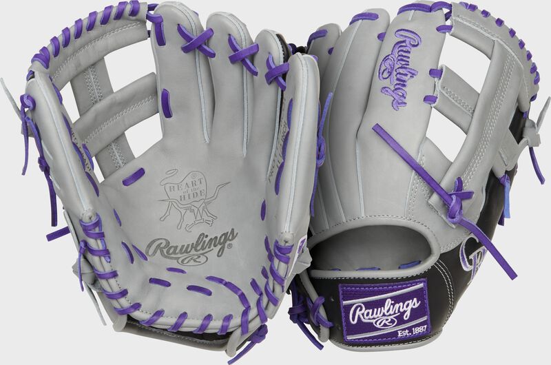 Two images showing the palm & back of a gray/black Colorado Rockies Heart of the Hide glove