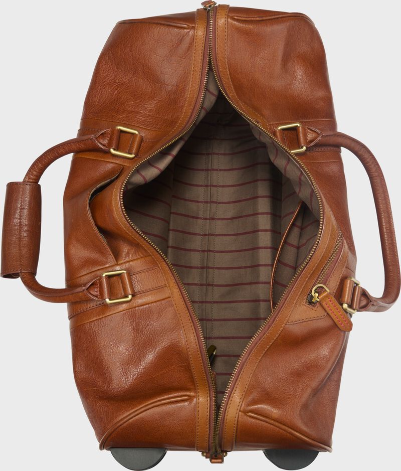 Inside view of a tan Rawlings Home Run wheeled duffle bag