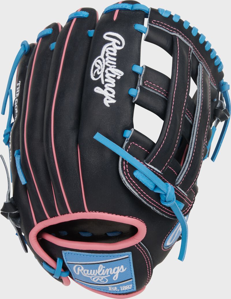 Black back of a Heart of the Hide ContoUR Fit 12.5-Inch Baseball Glove with a Columbia blue Rawlings patch