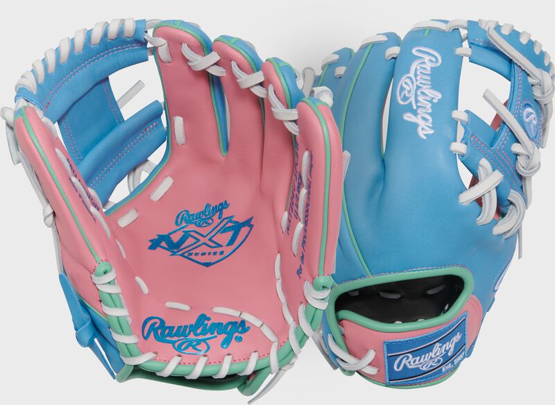 Two image showing the palm & back of a pink/columbia blue Exclusive Rawlings NXT Series 11.5" Infield Glove loading=