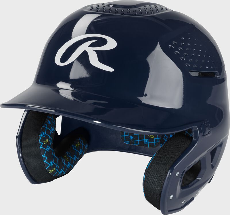 Front left of a navy Rawlings RX2 gloss baseball batting helmet