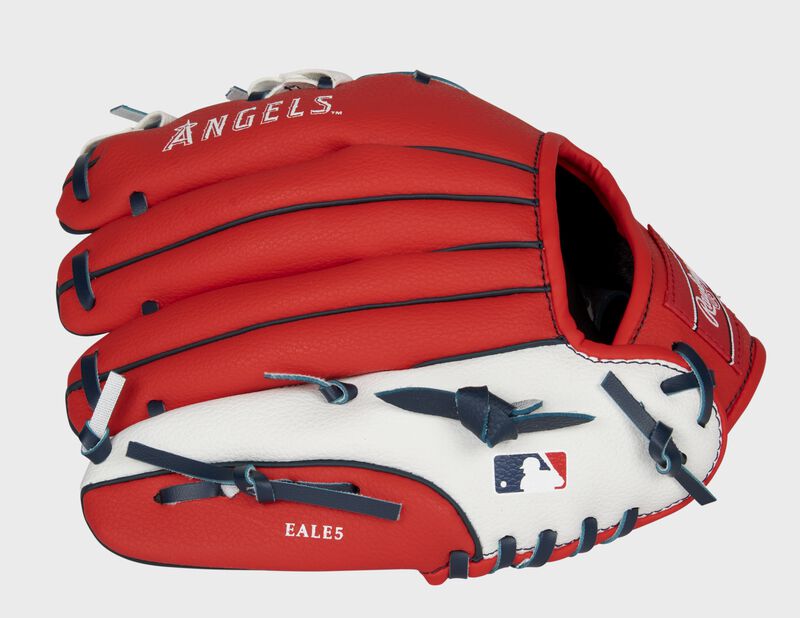Red back of a LA Angels 10-inch youth glove with the MLB logo on the pinky - SKU: 22000001111