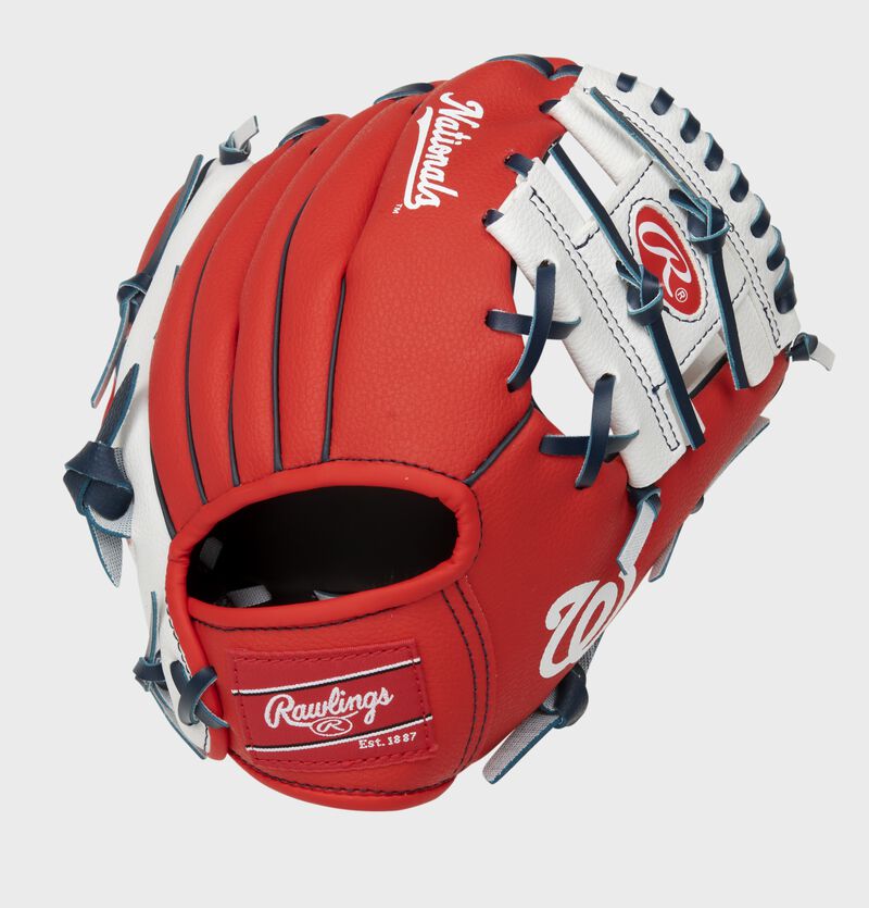 Back of a red/white Washington Nationals 10-inch youth I-web glove with a red Rawlings patch - SKU: 22000031111 loading=