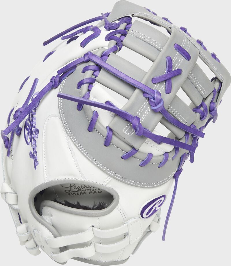 Back of a white/gray/purple Liberty Advanced Color Series first base mitt - SKU: RLADCTSBWPG loading=