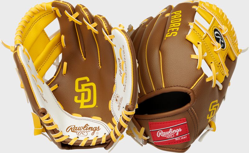 Two images showing the palm & back of a brown San Diego Padres team logo youth glove loading=