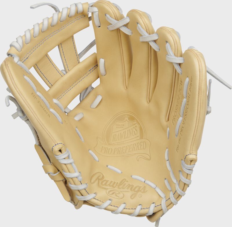 Palm of a camel Rawlings Pro Preferred infield glove with white laces - SKU: PROSNP4-7CW