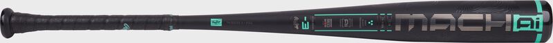 A black/mint Rawlings Mach AI BBCOR bat with the black grip on the left and barrel on the right