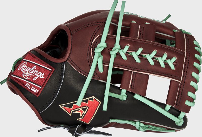 Web back view of sherry and black 2021 Arizona Diamondbacks Heart of the Hide glove