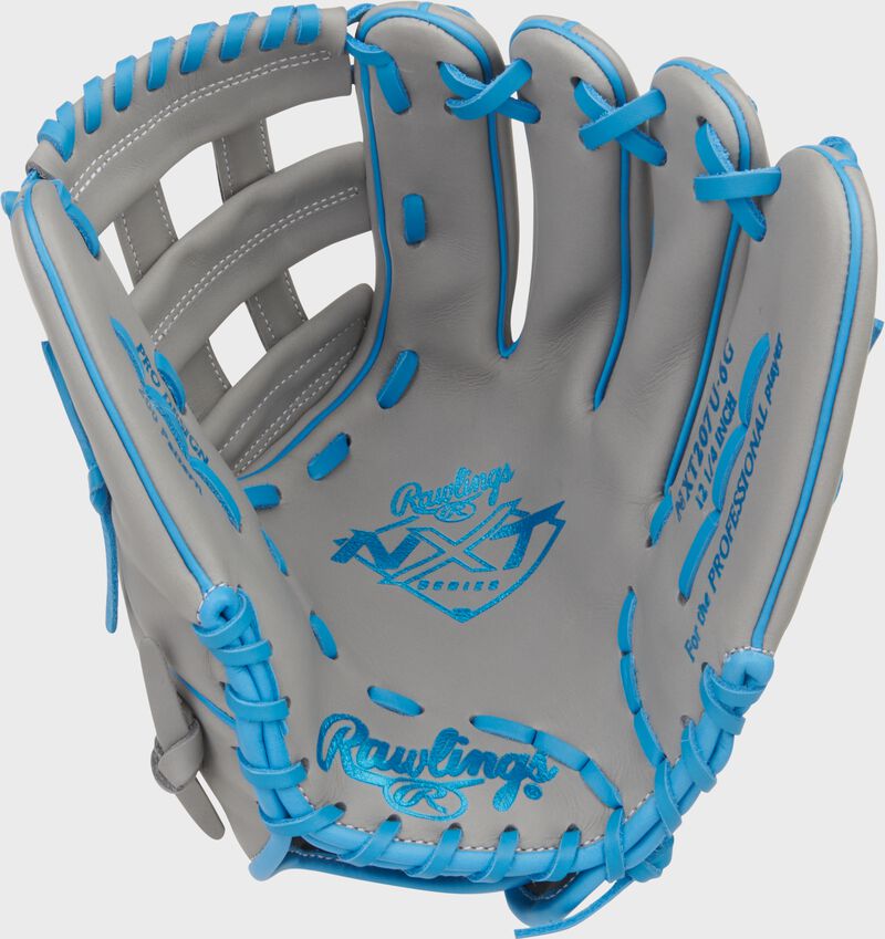Palm of a gray Rawlings NXT Series 12.25-Inch Baseball Glove with Columbia blue stamping and laces