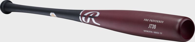 Angled view of a black/maroon Pro Preferred JT39 torpedo barrel birch wood bat