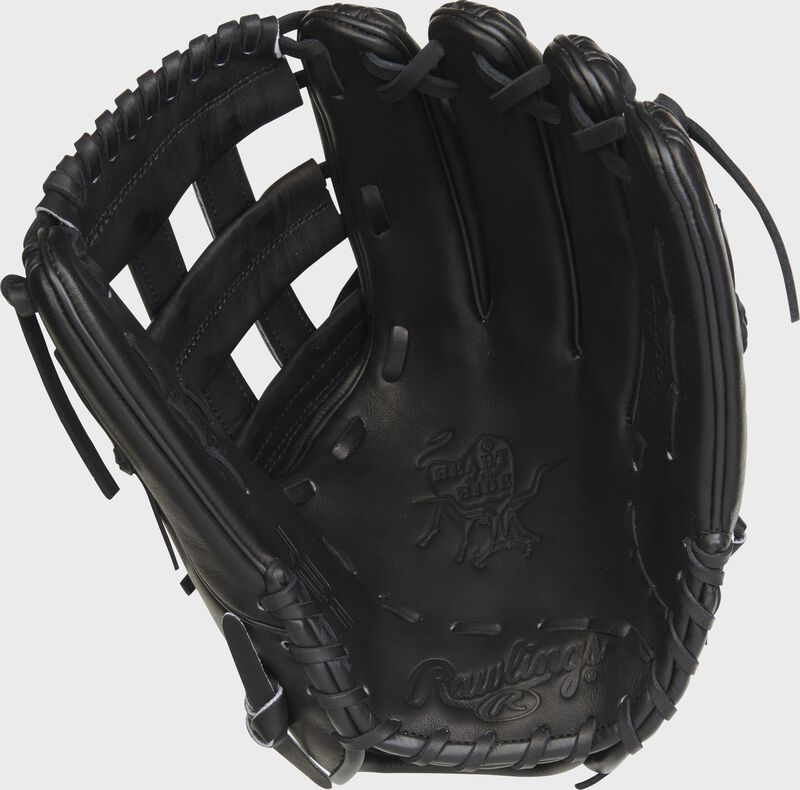 Palm of a black Rawlings Heart of the Hide R2G outfield glove with black laces - SKU: RSGPROR3319-6B
