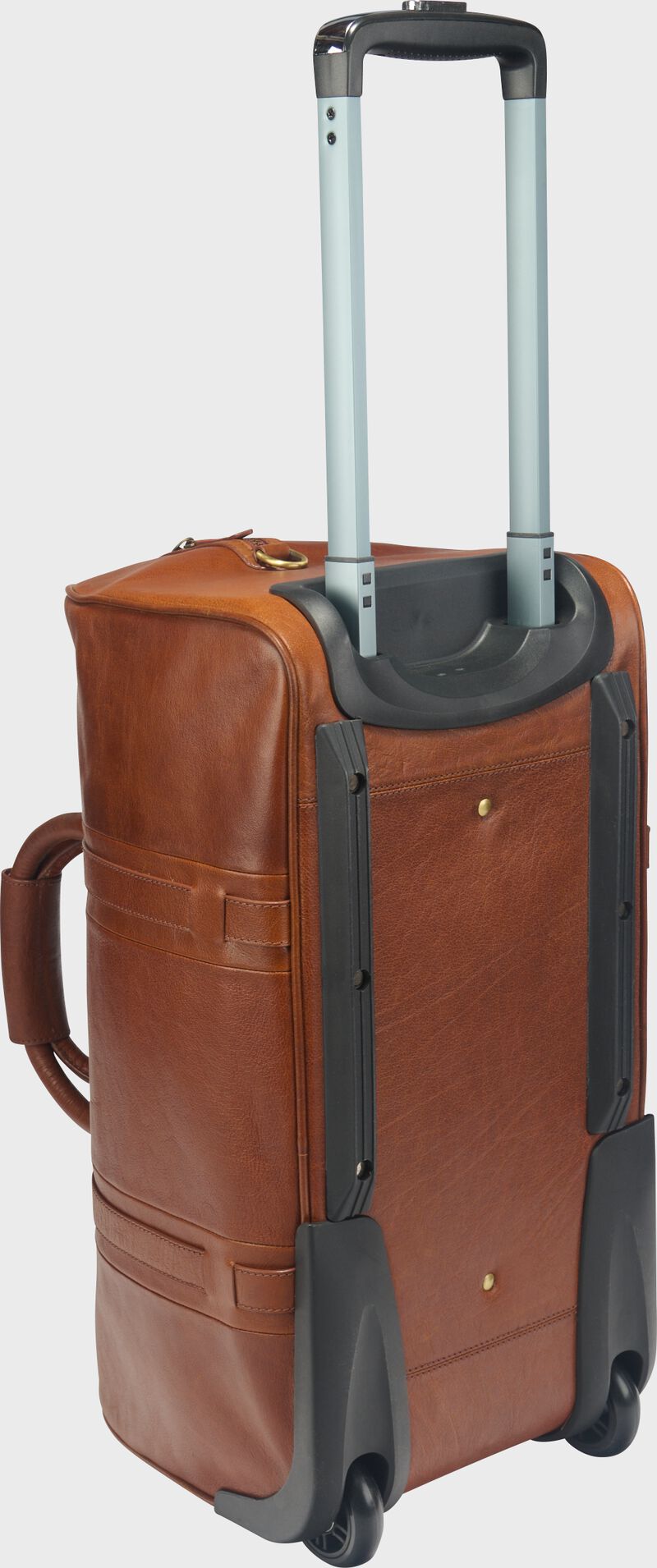 Bottom view of a tan Rawlings Home Run wheeled duffle bag with the telescoping handle extended out