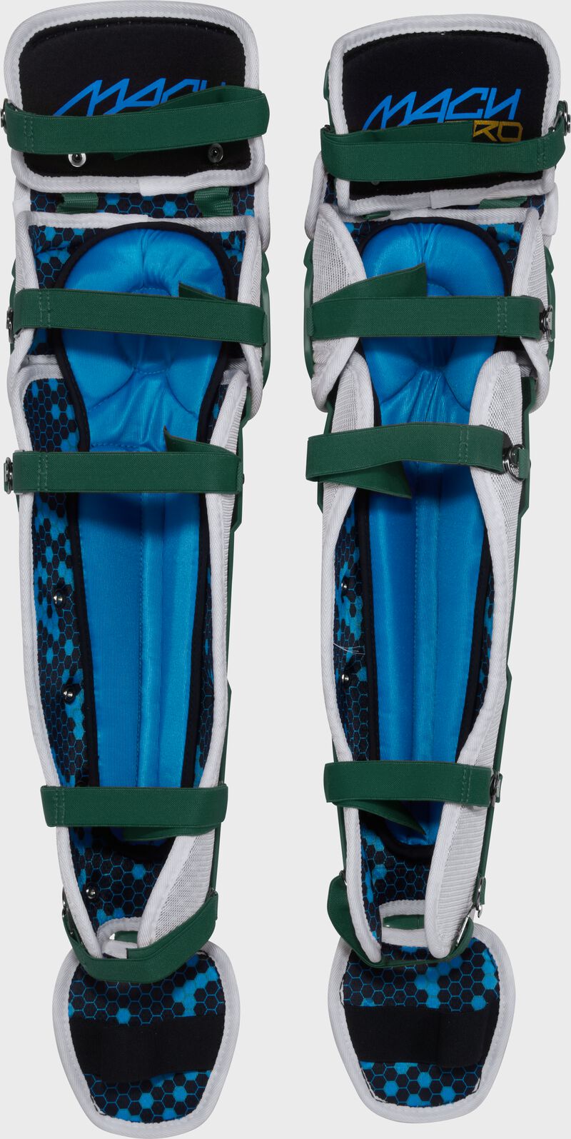 Padding of a set of dark green Rawlings Mach Pro Series leg guards with the leg straps connected