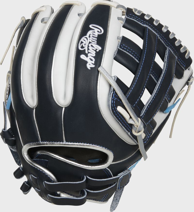 Navy/white back of a Heart of the Hide 11.75" fastpitch H-web infield glove with a Pull strap back - SKU: PRO715SB-6N loading=