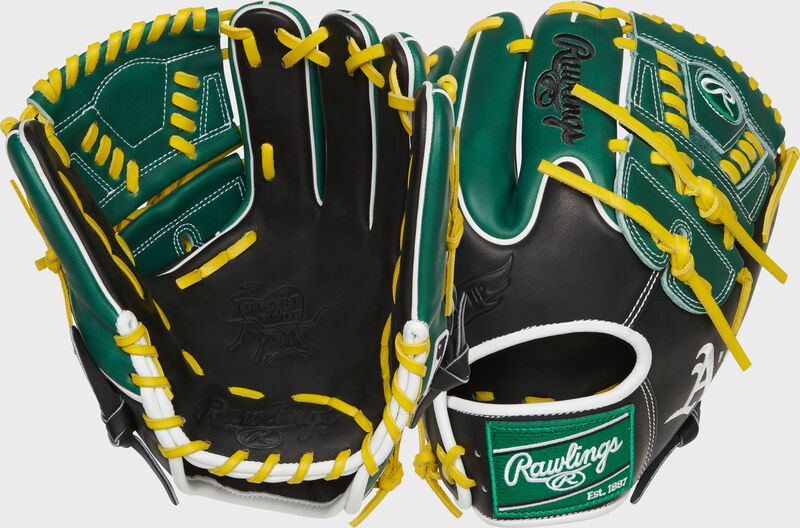 Two images showing the palm & back of a black/green Oakland Athletics Heart of the Hide glove