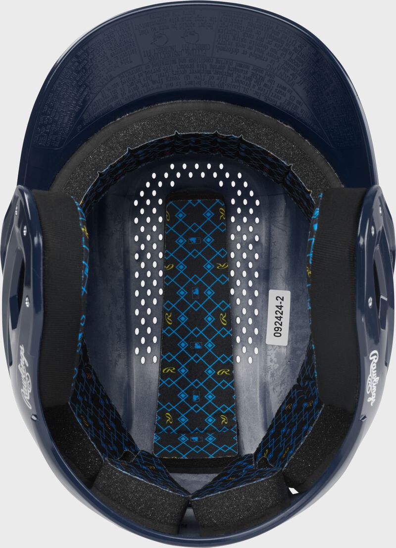 Inside padding of a navy Rawlings RX2 gloss baseball batting helmet loading=