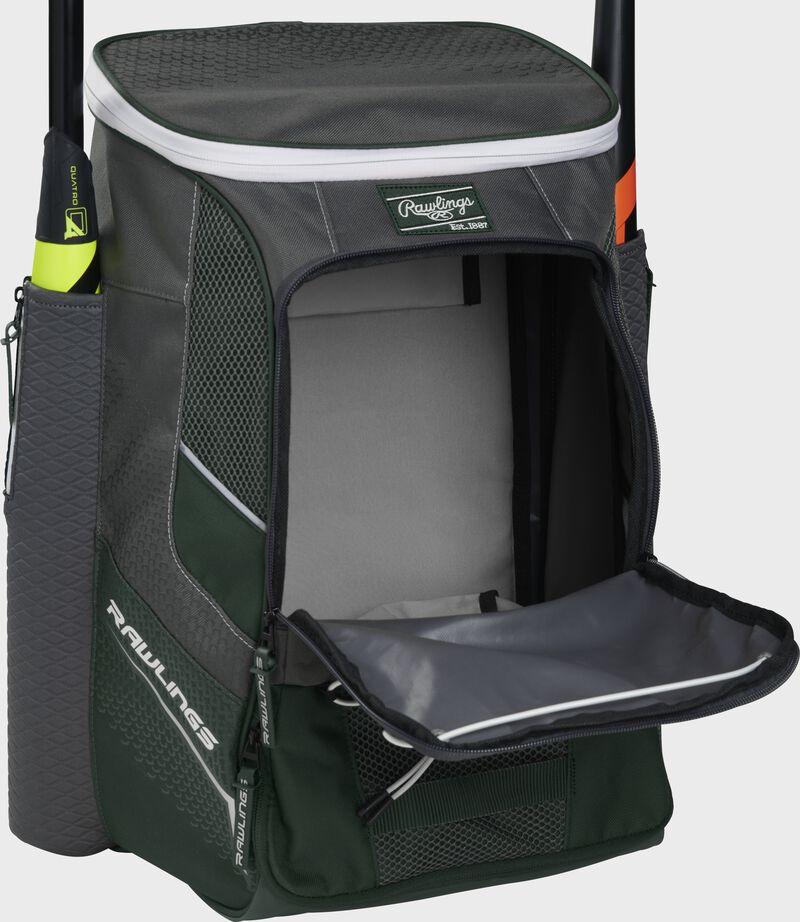 Front of a dark green Rawlings Impulse backpack with the main compartment open - SKU: IMPLSE-DG