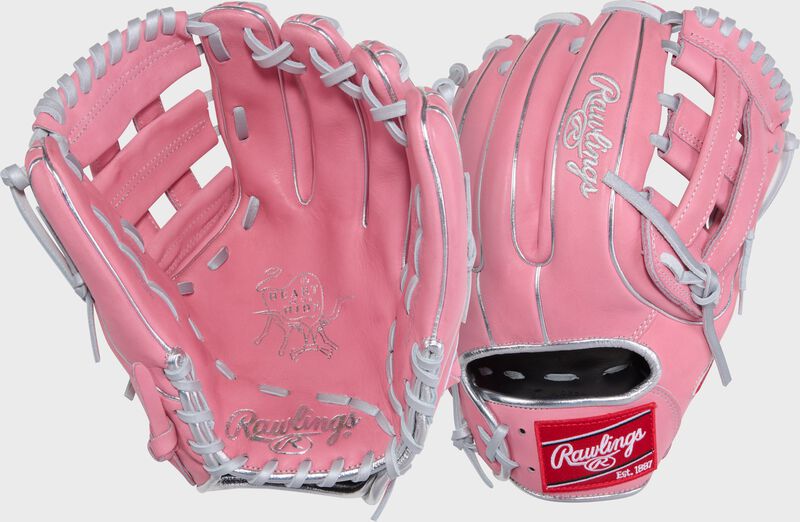 Two images showing the palm & back of a pink Gameday 57 Series Carlos Correa Heart of the Hide glove