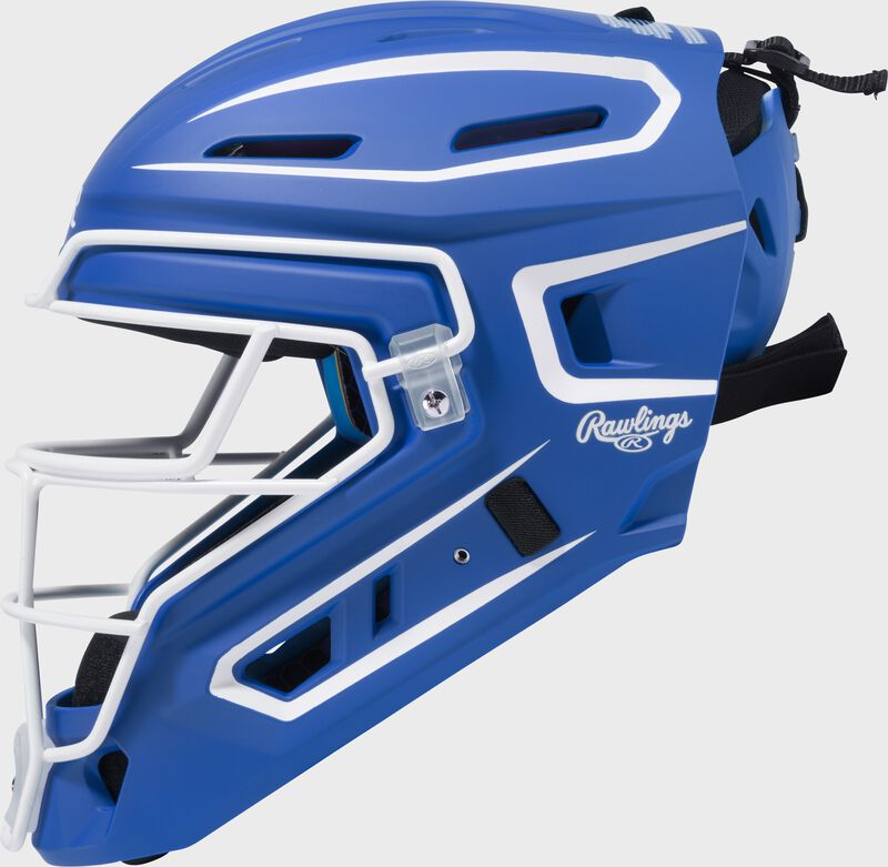 Left side of a royal Rawlings Mach Pro Series catcher's helmet