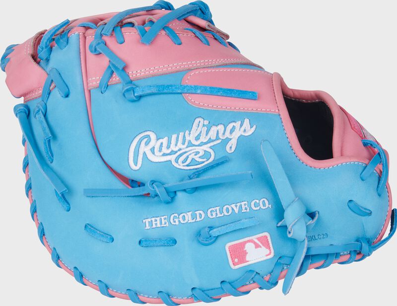 Columbia blue back of a Heart of the Hide ContoUR Fit 12.25-Inch 1st Base Mitt with the MLB logo on the pinky