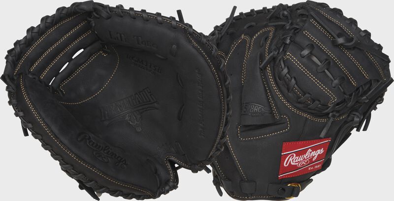 Two images showing the palm & back of a black Renegade 31.5" youth catcher's mitt