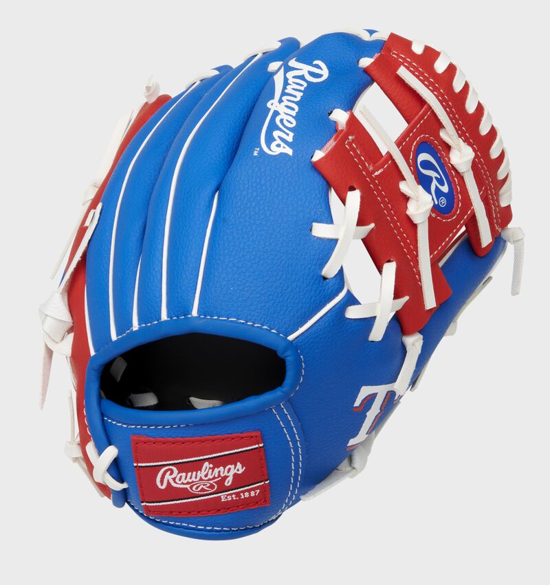 Back of a blue/red Texas Rangers 10-inch I-web glove with a red Rawlings patch - SKU: 22000022111