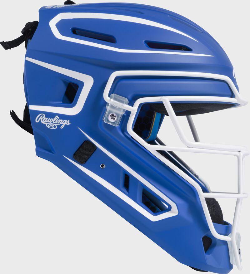 Right side of a royal Rawlings Mach Pro Series catcher's helmet