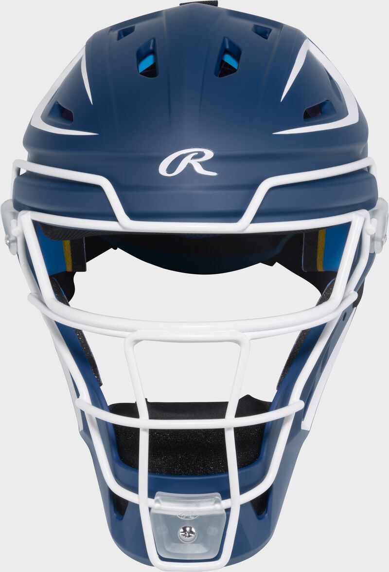 Front of a navy Rawlings Mach Pro Series catcher's helmet