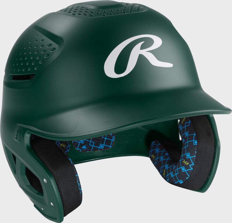 Front right of a dark green Rawlings RX2 batting helmet