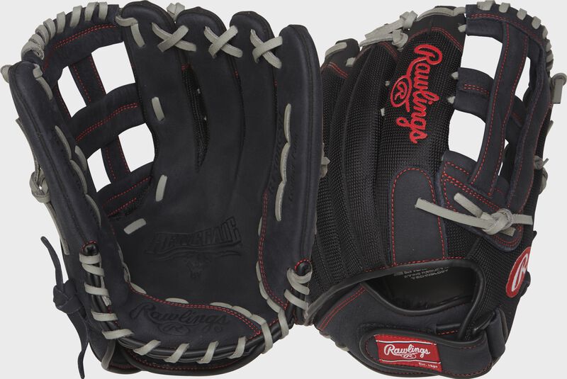 Two images showing the palm & back of a black Renegade 13" softball glove