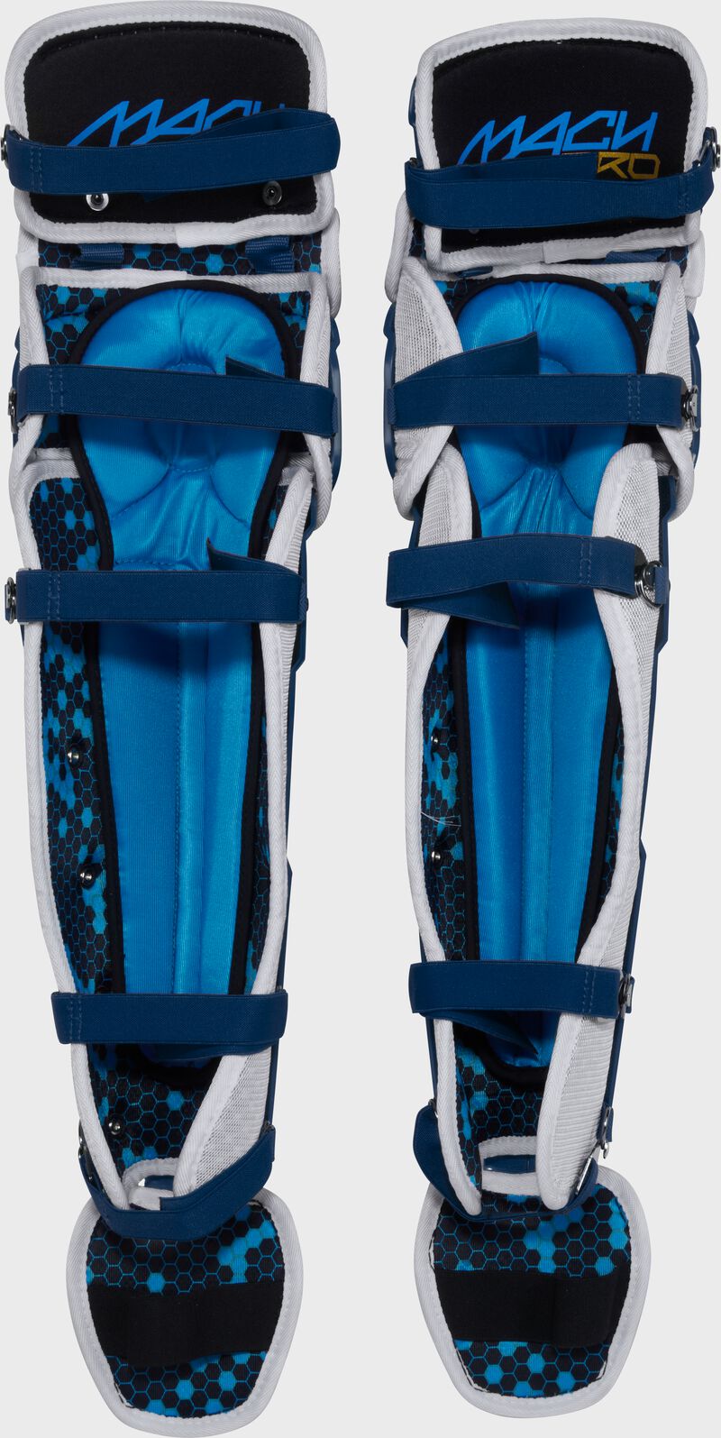 Front of a set of navy Rawlings Mach Pro Series leg guards with the leg straps connected