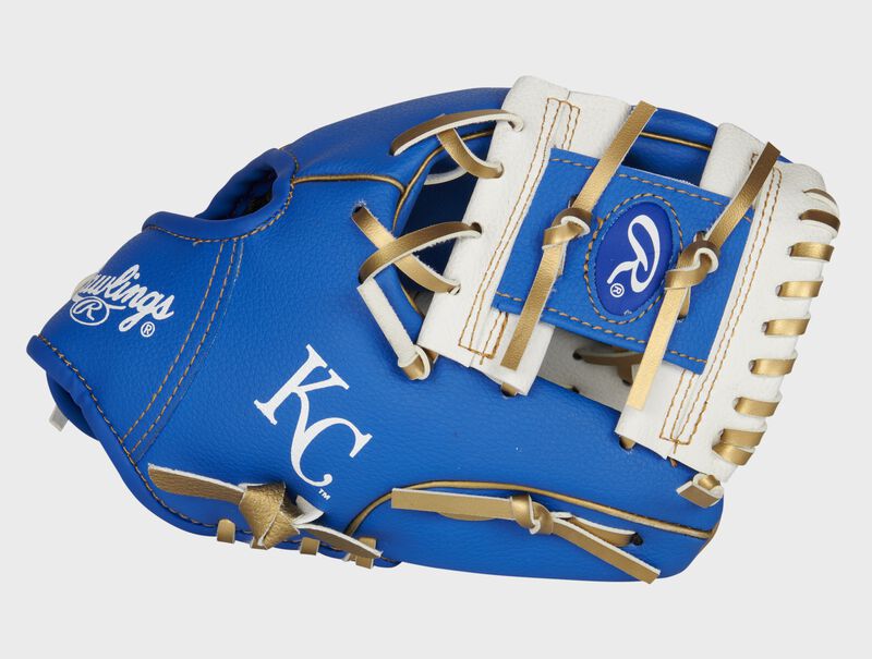 A blue/white Kansas City Royals 10-Inch team logo glove with a white I-web and KC logo on the thumb - SKU: 22000026111