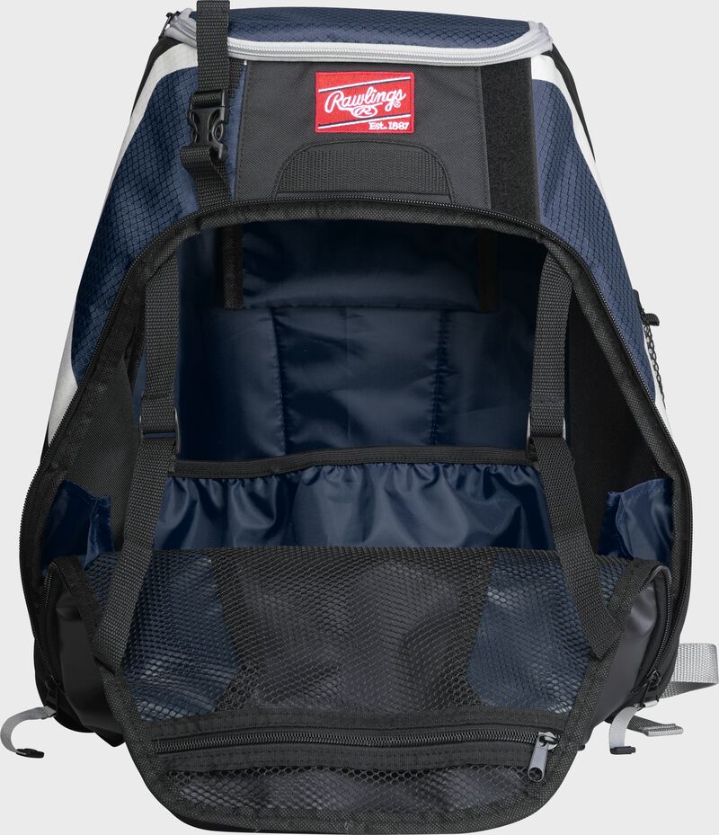 An open R500 Rawlings Players equipment backpack with navy interior