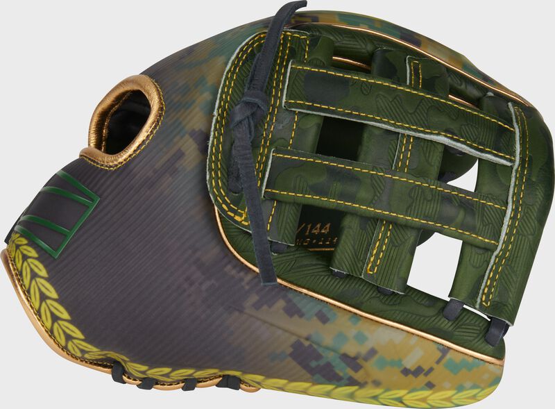 Thumb of a military green/yellow Rawlings REV1X 11.75" Veteran's Day infield glove