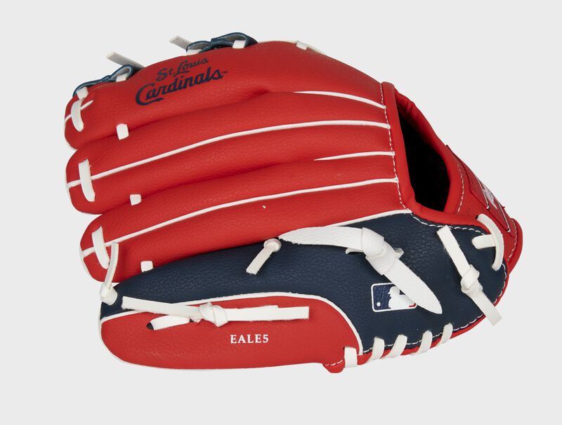 Back of a red/navy St. Louis Cardinals 10-inch youth glove with the MLB logo on the pinky - SKU: 22000007111 loading=