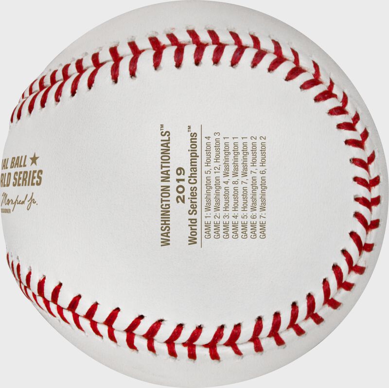 The World Series game scores stamped on the WSBB19CHMP Nationals champions baseball