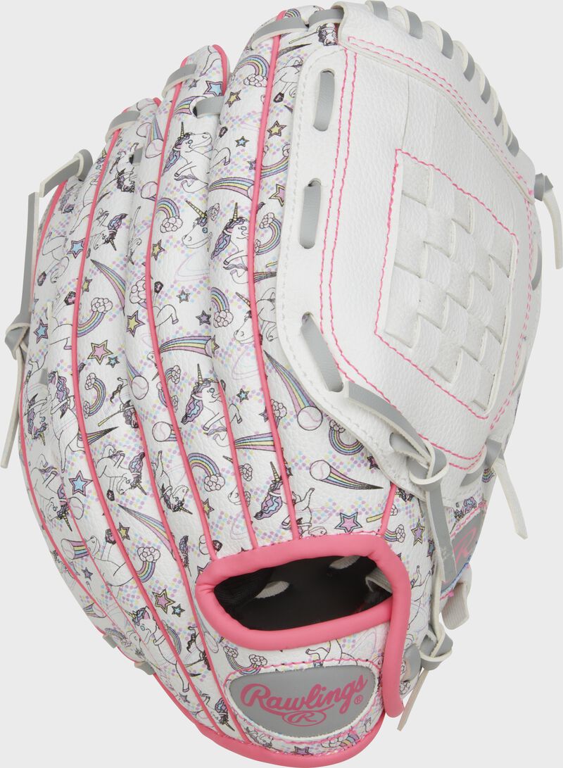White/Unicorn print  back of a Players Series 10" basket web youth glove - SKU: RPL10W