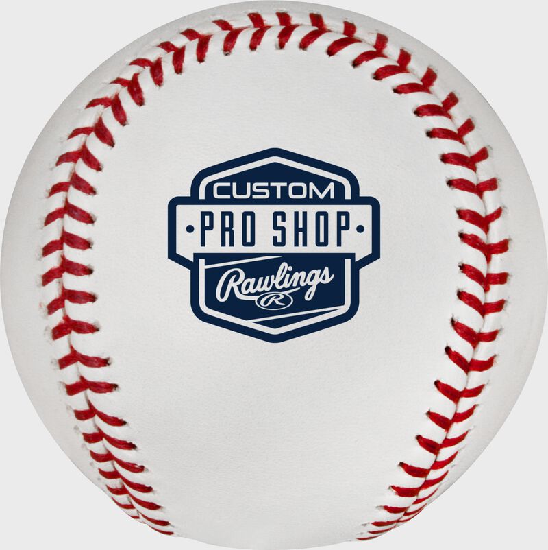 A Rawlings custom REV1X baseball with a Custom Pro Shop REV1X logo stamped on it