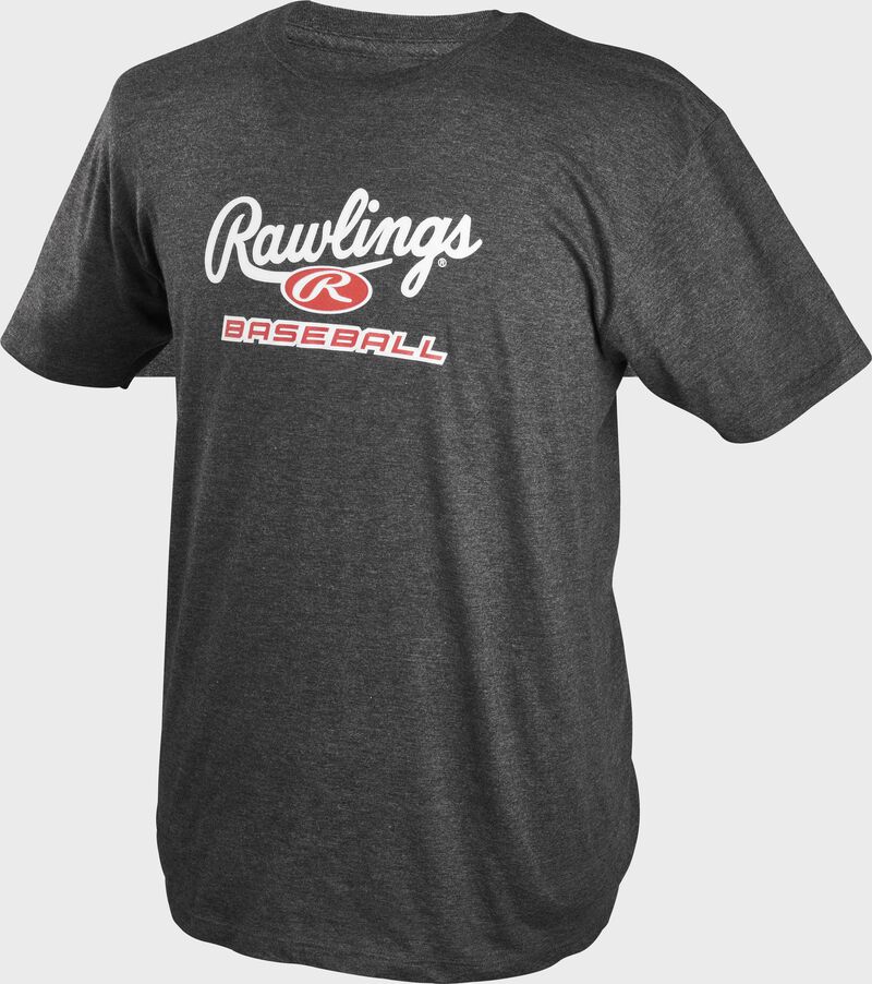 A charcoal Rawlings baseball short sleeve shirt with a heather design and Rawlings logo on the chest - SKU: CLM2 loading=