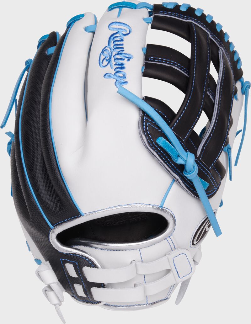 White/black back of a Liberty Advanced 12.25" Speed Shell fastpitch glove with a pull strap back