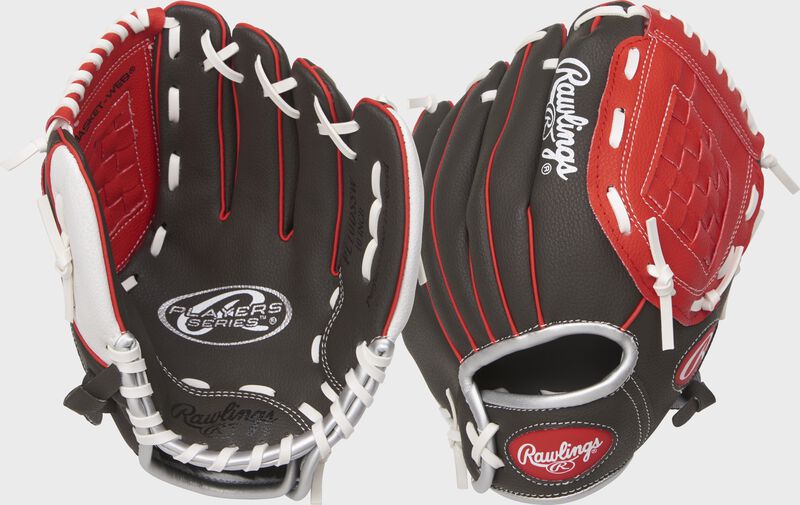 Two images showing the palm & back of a dark shadow/scarlet Players Series 10" youth baseball/softball glove loading=