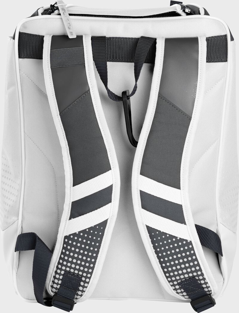 Back of a white Rawlings Franchise backpack with gray shoulder straps - SKU: FRANBP-W