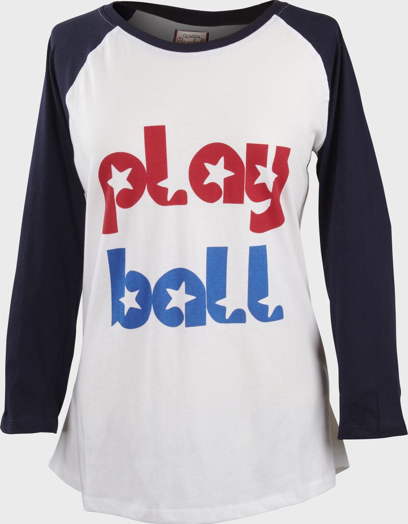 A Women's play ball Raglan sleeve t-shirt with navy sleeves - SKU: P30293