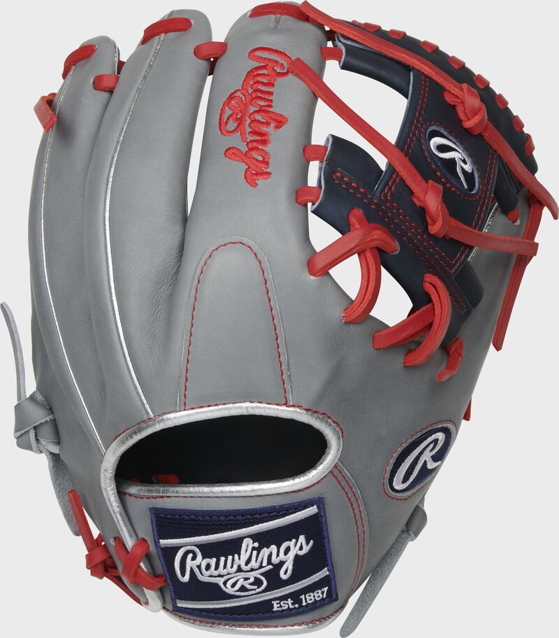 Back of a gray HOH R2G 11.5-Inch I-web glove with a navy Rawlings patch - SKU: PRORFL12N