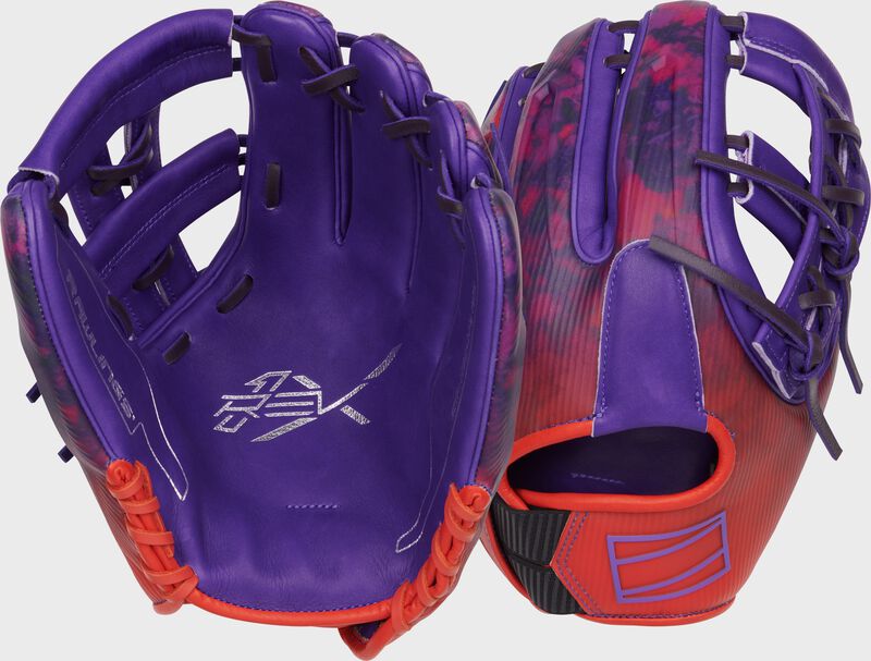 Two images showing the palm & back of a purple/orange Rawlings REV1X Francisco Lindor Infield glove loading=