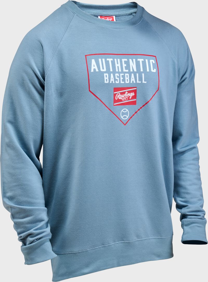 Front right angle of a light blue Rawlings Authentic Baseball crew neck sweatshirt