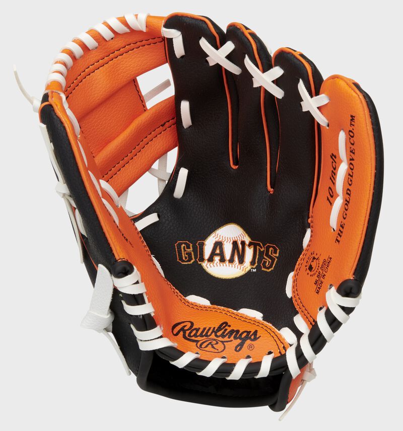 A black/orange Rawlings San Francisco Giants youth glove with a Giants logo stamped in the palm - SKU: 22000013111