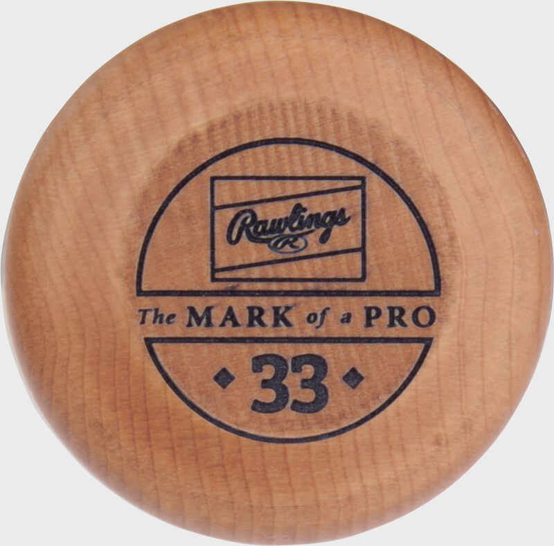 Knob of a 33" Rawlings Pro Preferred OA1 maple wood baseball bat loading=