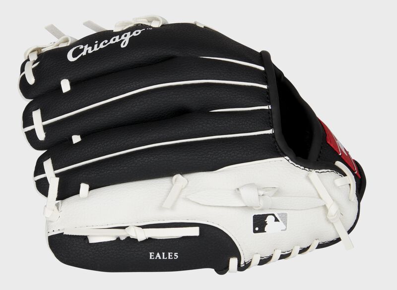 Back of a black/white Chicago White Sox 10-inch youth glove with the MLB logo on the pinky - SKU: 22000029111 loading=