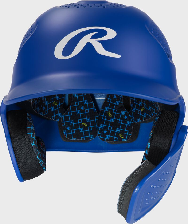 Front of a royal Rawlings RX2 Reverse batting helmet